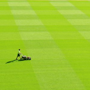 Kosiarka akumulatorowa: Człowiek koszący trawę w oddali na dużym zielonym boisku