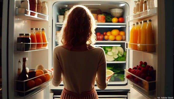 Kobieta stoi przed otwartą oświetloną lodówką pełną zdrowych produktów