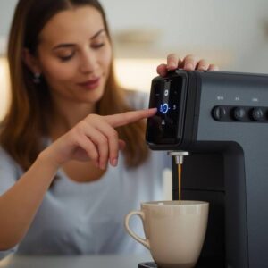 Test ekspresów do kawy Fundacji Pro-Test - kobieta wciska przycisk na ekspresie