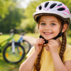 Test kasków rowerowych dla dzieci: Dziewczynka zapina sobie kask rowerowy na wycieczce w słoneczny letni dzień